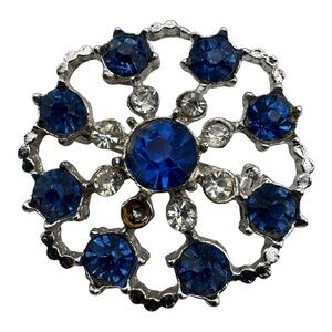 Vintage Silver-Tone Round Brooch with Blue &‎ Clear Rhinestones – 1.25”